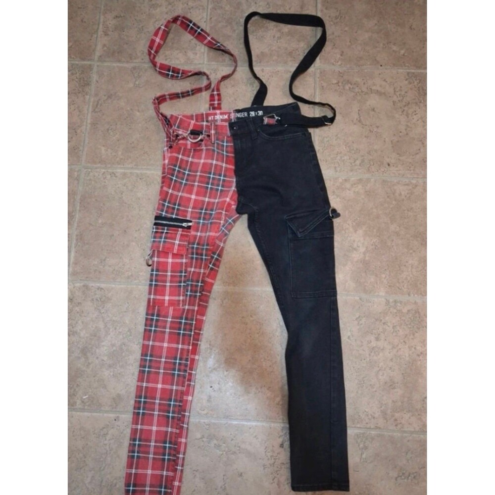 Hot Topic HT Denim Stinger 28x30 Red Plaid Black Split Leg Skinny Pants